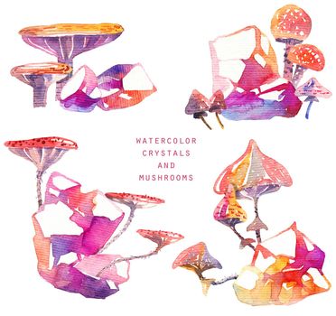 Hand-drawn watercolor mushrooms and cryatals - painting on white background