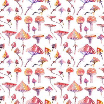 Seamless pattern with hand-drawn watercolor mushrooms, painting on white background