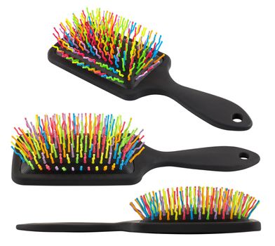 set of different views on new rainbow colorful pastic hair brush isolated on white background.