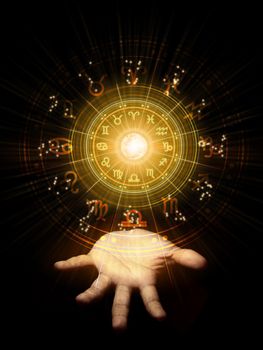 Zodiac signs inside of horoscope circle. Astrology in the sky with many stars and moons astrology and horoscopes concept.