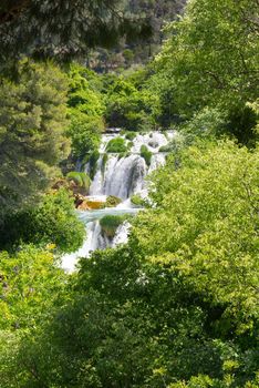 Mountainous beautiful waterfalls formed by the melting of glaciers due to global warming. Beautiful Waterfalls at Krka National Park in Croatia.