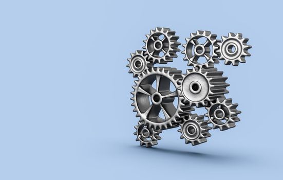 Metallic Gears Engaged on Blue Background with Copy Space 3D Illustration