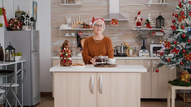 Portrait of old woman wearing xmas hat celebrating christmas season in decorated kitchen enjoying winter traditional holiday. On table standing cup of coffee with baked delicious cookies