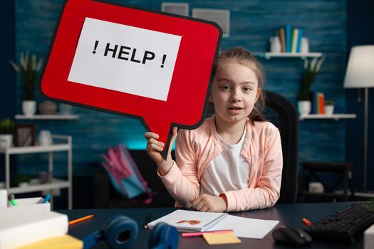 Conceptual image of little school girl needing help with homework overload burden feeling sad. Small student tensed from studying internet online class lessons showing graphic illustration