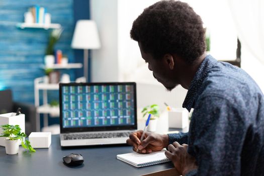 African american man checking crypto currency stock markets deciding to buy or sell digital coin money. Black guy watching bitcoin charts forex investment finance exchange for occupation