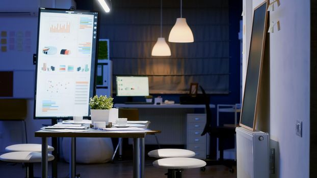 Modern empty business corporate office meeting room ready for businesspeople late at night. In background on conference table standing company financial documents with economy graphs