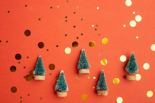 New Year 's layout on a red background with balloons . New Year and Christmas copy space. . Festive decoration. Christmas balls