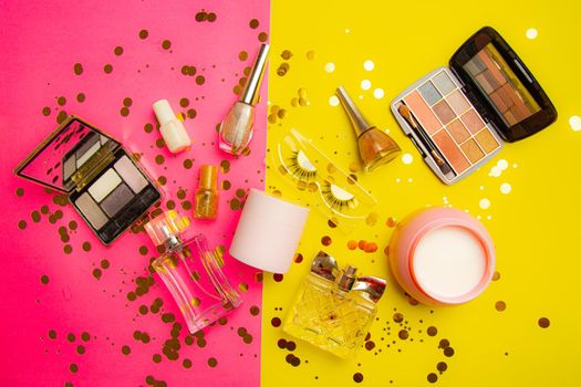 Bright makeup layout . Fashion industry. Cosmetology. Makeup Glitter Bright background