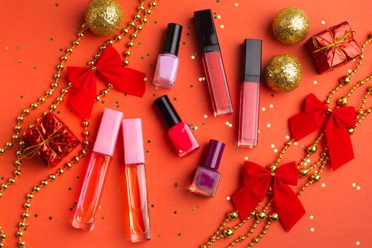 Nail polish in a New Year 's layout . New Year's gift cosmetics. The layout of the new year. A holiday gift.