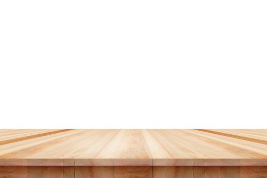 Empty wooden table top isolated on white background, used for display or montage your products.