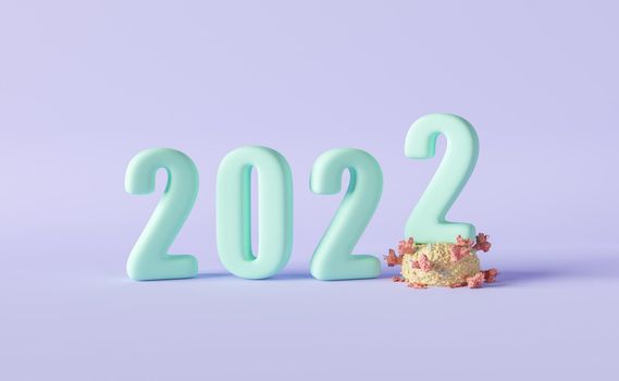 new year 2022 sign with a number stepping on the Coronavirus. concept of new normal, immunization and pandemic free new year. 3d rendering