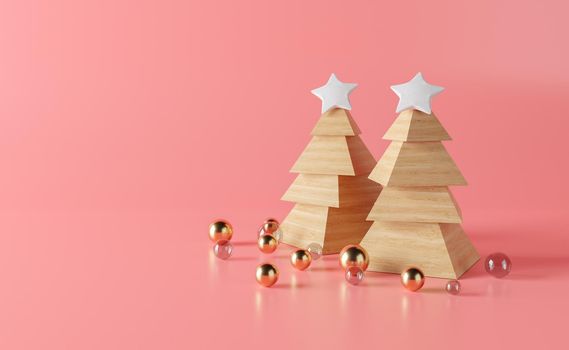 handmade christmas trees with wooden blocks with stars on top and crystal and golden spheres on the ground. minimal christmas concept. copy space. 3d rendering