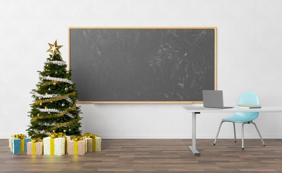 front view of a empty blackboard in a classroom with christmas tree and presents around it. christmas vacation concept, learning and education. 3d rendering