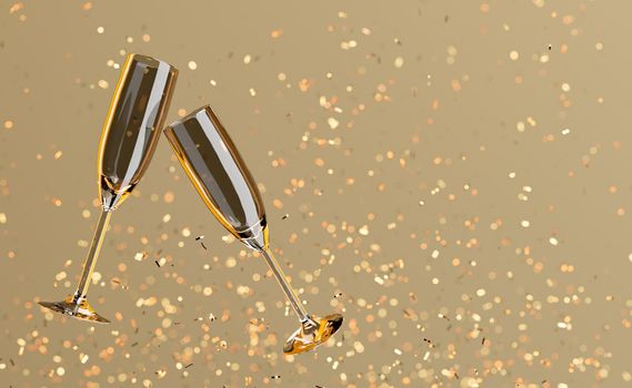 champagne glasses floating in the air with shiny gold colored confetti in the background. concept of new year, celebrations and toasts. copy space. 3d rendering