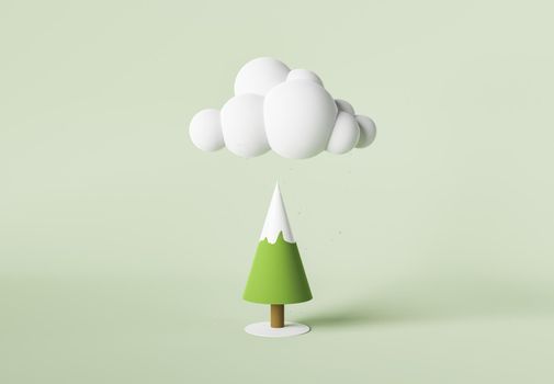 minimalistic scene of a geometric pine tree with a cloud and falling snowflakes. winter and christmas concept. 3d rendering