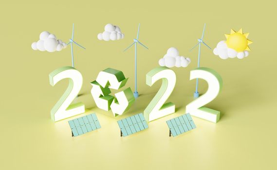 isometric new year 2022 sign with solar panels, wind turbines and recycling symbol. concept of environment, climate change and new year's resolutions. 3d rendering