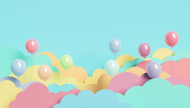 children's background with pastel colored flat clouds and balloons coming out between them. copy space. 3d rendering