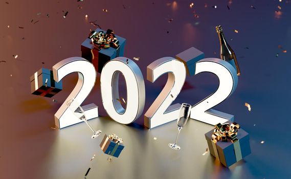 isometric new year 2022 sign with gifts, glasses and champagne around. 3d rendering