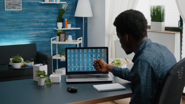 African american man crypto currency stock markets trader checking stock ticker index, deciding to buy or sell digital coin money. Balck guy watching bitcoin charts forex investment finance exchange