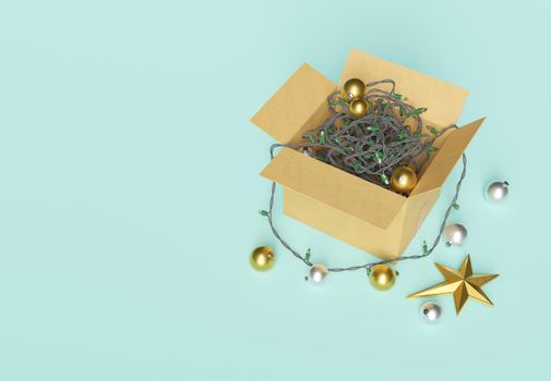 open box of christmas decorations with twisted lights and ornaments on the floor. christmas arrival concept. copy space. 3d rendering