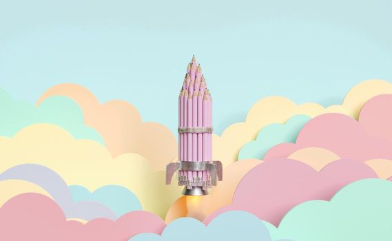 handmade rocket of pencils flying over pastel colored flat clouds. education and learning concept. 3d rendering