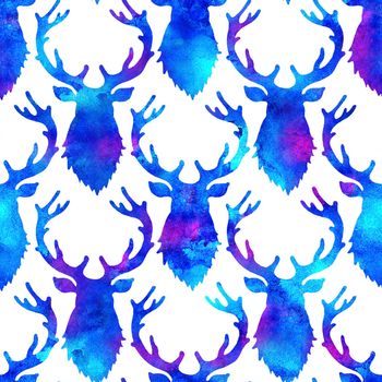 Reindeer XMAS watercolor Deer Stag eamless Pattern in Blue Color. Hand Painted Animal Moose background or wallpaper for Ornament, Wrapping or Christmas Gift.