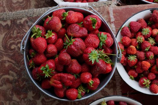 ripe strawberries are collected from the garden in bowls close-up