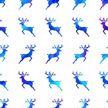 Reindeer XMAS watercolor Deer Stag eamless Pattern in Blue Color. Hand Painted Animal Moose background or wallpaper for Ornament, Wrapping or Christmas Gift.