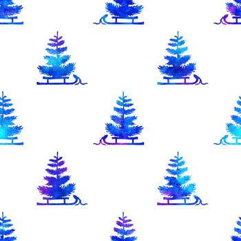 XMAS watercolor Pine Tree and Sleigh Seamless Pattern in Blue Color. Hand Painted fir tree background or wallpaper for Ornament, Wrapping or Christmas Gift.