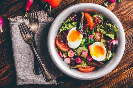 Fresh spring salad with tomato, radish, cucumber, red leaf lettuce and boiled eggs in metal bowl. View from above