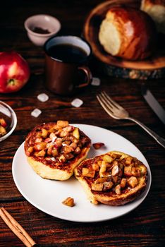 French toasts with chopped apple caramelized with cinnamon
