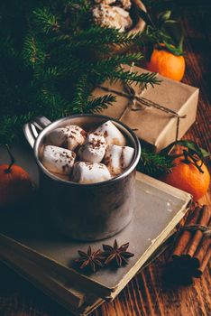 Hot chocolate with marshmallows in rustic mug