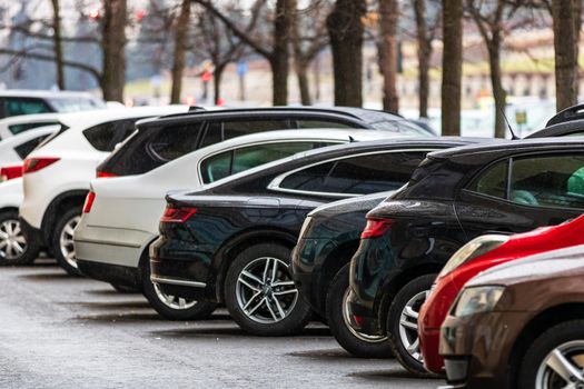 Cars in traffic at rush hour in downtown area of the city. Car pollution, traffic jam in the morning and evening in the capital city of Bucharest, Romania, 2021