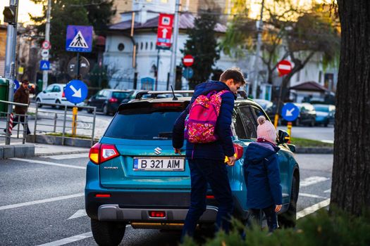 Cars in traffic at rush hour in downtown area of the city. Car pollution, traffic jam in the morning and evening in the capital city of Bucharest, Romania, 2021