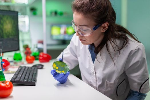 Pharmaceutical researcher analyzing solution test from petri dish for developing medical expertise. Biologist researcher typing microbiology process on computer working in chemical laboratory.
