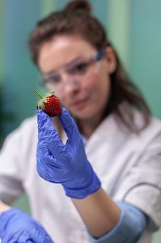 Chemist with medical glasses looking at strawberry injected with chemical pesticides examining fruits for farming researcher experiment. Biologist working in agriculture scientific lab.