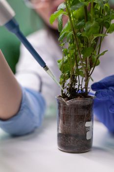 Close up of biologist researcher using micropipette putting genetic solution in test tube developing gmo medical expertise. Specialist scientist in white coat working in professional microbiology laboratory.