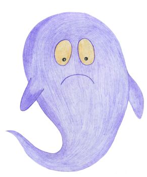 Hand Drawn Halloween Ghost Isolated on White Background. Halloween scary ghostly monsters. Cute cartoon spooky character, Drawn by Color Pencils.