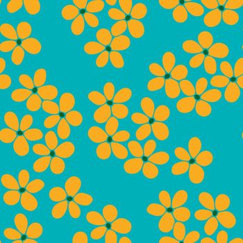 Seamless Repeat Pattern with Flowers and Leaves on Blue background. Hand drawn fabric, gift wrap, wall art design.
