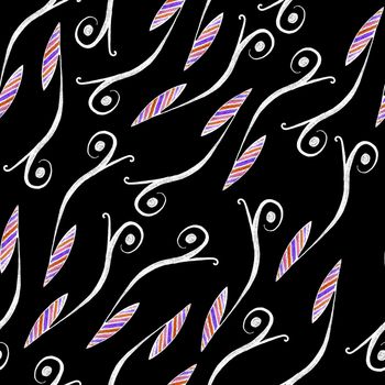 Seamless Pattern with Abstract Leaf Drawn by Colored Pencils. Hand Drawn Leaves on Black Background.