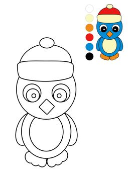 Christmas Black and White Illustration of Penguin in a Hat Isolated on White background. Coloring Page for Kids.