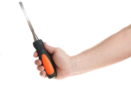 Hand holds a chisel on a white background, template for designers. Close up