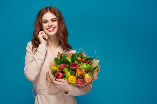 attractive woman fashionable hairstyle bouquet of flowers decoration colorful background. High quality photo