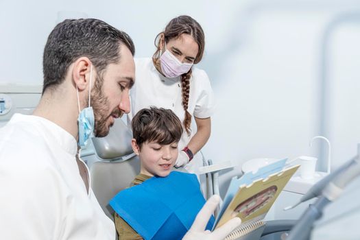Dentist shows structure of the tooth to little boy