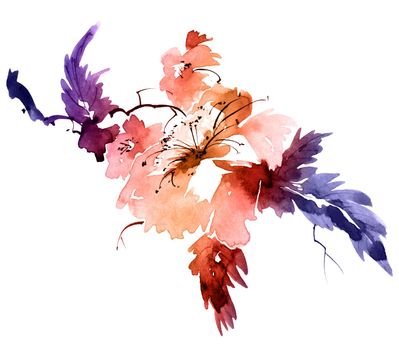Watercolor hand-drawn branch with flowers and leaves on white background