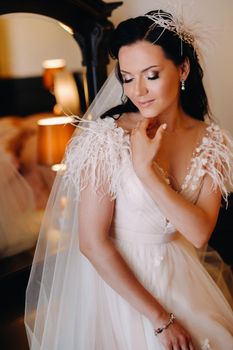 Portrait of the Bride in a wedding dress in the interior of the house near the mirror.