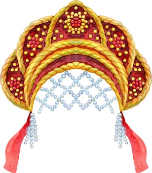 Watercolor Illustration Russian national headdress kokoshnik with gold ornament and beads on white background