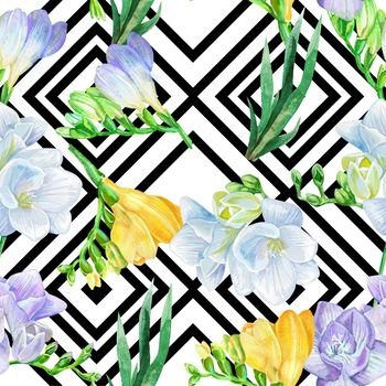 Seamless background pattern with freesia on black and white geometric background. Fabric wallpaper print texture. Aquarelle wildflower for background, texture, wrapper pattern, frame or border.