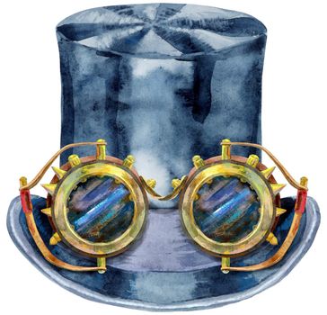 Watercolor black hat topper with steampunk glasses illustration. For clothing design