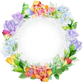Hand drawn freesia wreath. Design element for wedding invitations, cards